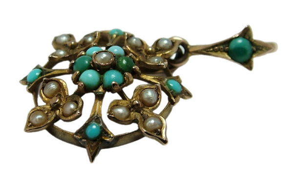 Antique Victorian c1890's 9ct Gold, Seed Pearl & Turquoise Flower Charm or Pendant