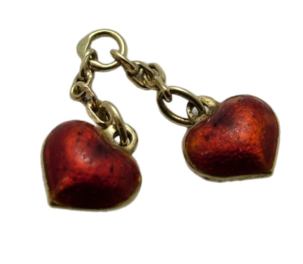Tiny Pair of Vintage 1950’s 14ct 14k Gold & Red Enamel Heart Charms