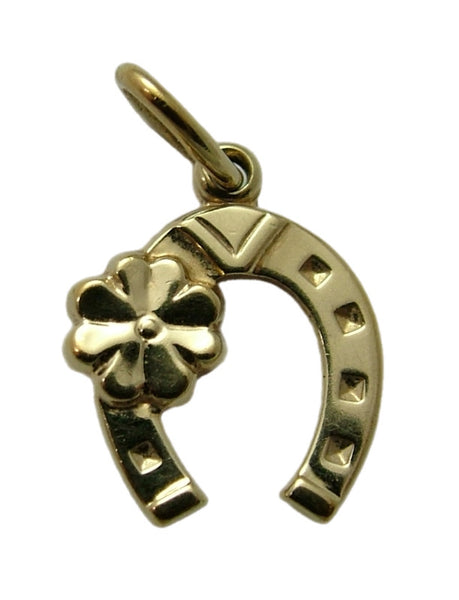 Small Vintage 1990’s Solid 9ct Gold Lucky Horseshoe Charm with Four Leaf Clover