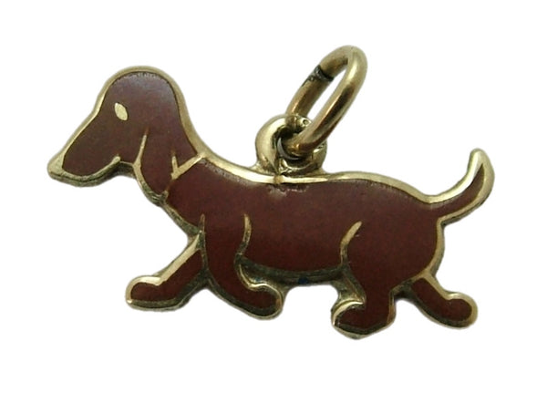 Vintage 1950's 14k 14ct Gold & Brown Enamel Dachshund Dog Charm