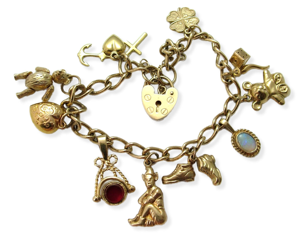 Vintage 1980's English Solid 9ct Gold Bracelet Complete with 10 x 9ct Gold Charms Bracelet - Sandy's Vintage Charms