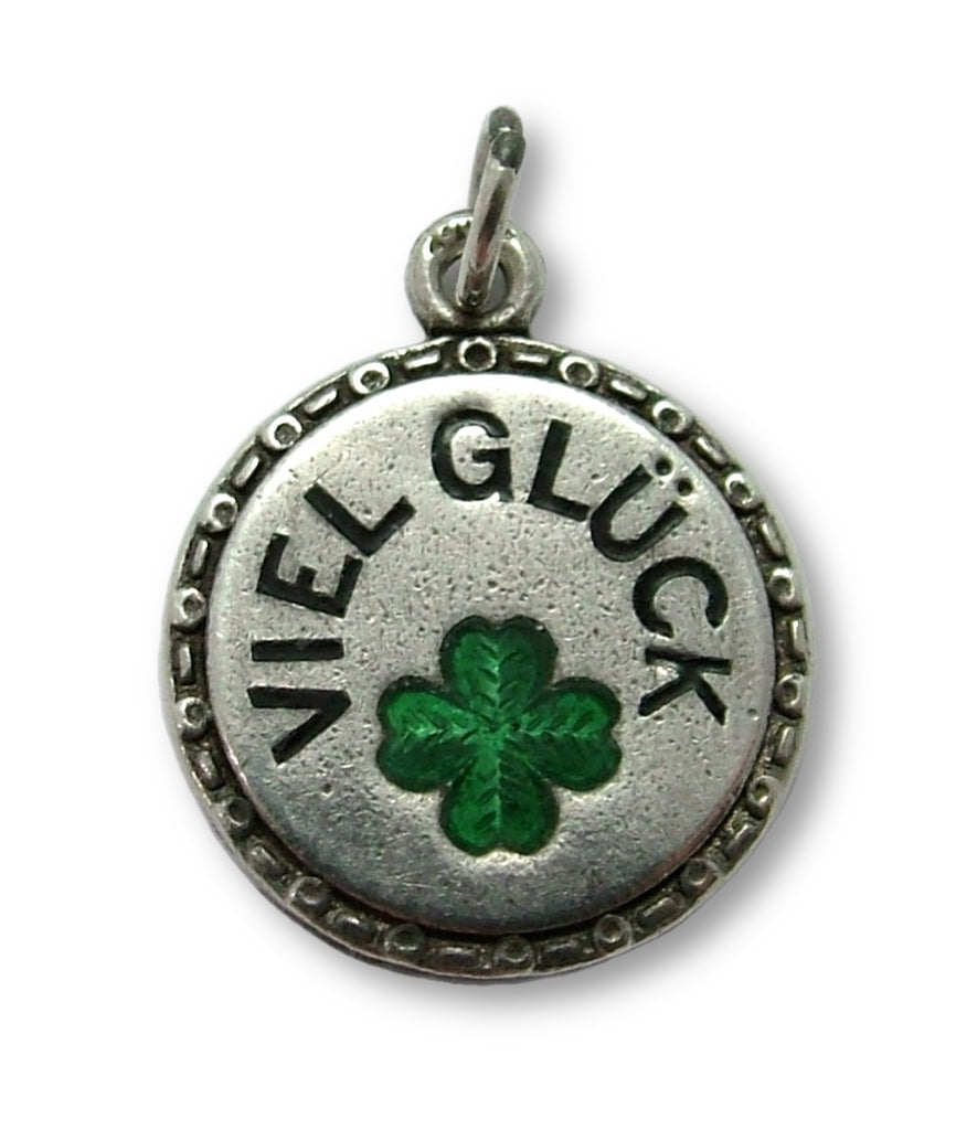 Vintage 1930's Silver & Green Enamel Four Leaf Clover “MUCH LUCK” Charm 1920s-1950s Charm - Sandy's Vintage Charms