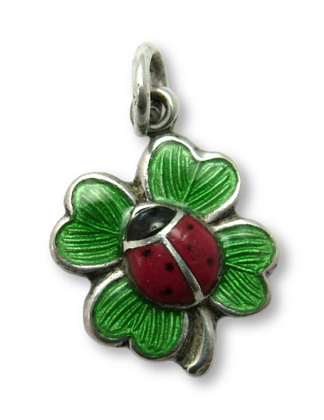 Small Vintage 1950's Silver & Green Enamel Four Leaf Clover with Ladybird Charm Enamel Charm - Sandy's Vintage Charms