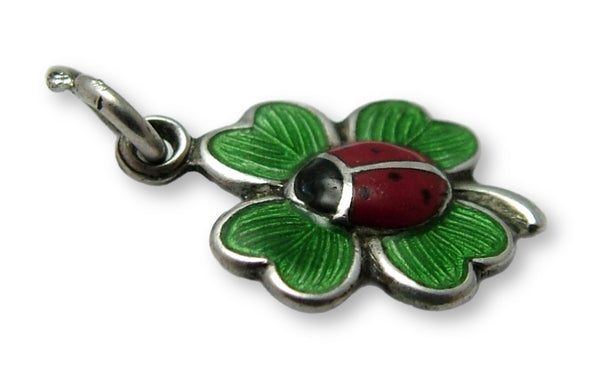 Small Vintage 1950's Silver & Green Enamel Four Leaf Clover with Ladybird Charm Enamel Charm - Sandy's Vintage Charms