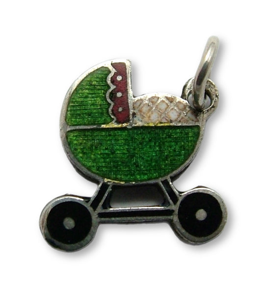 Small Vintage 1950's Silver & Green Enamel Pram Charm Enamel Charm - Sandy's Vintage Charms