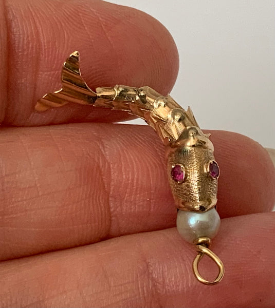 Vintage 1960’s 18ct 18k Gold & Pearl Articulated Fish Charm with Ruby Eyes Gold Charm - Sandy's Vintage Charms