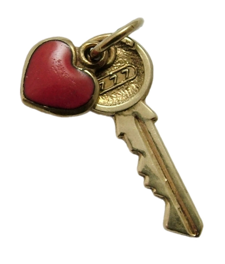 Small Vintage 1950's 14ct 14k Gold Key & Red Enamel Heart Charm “Key to my Heart”