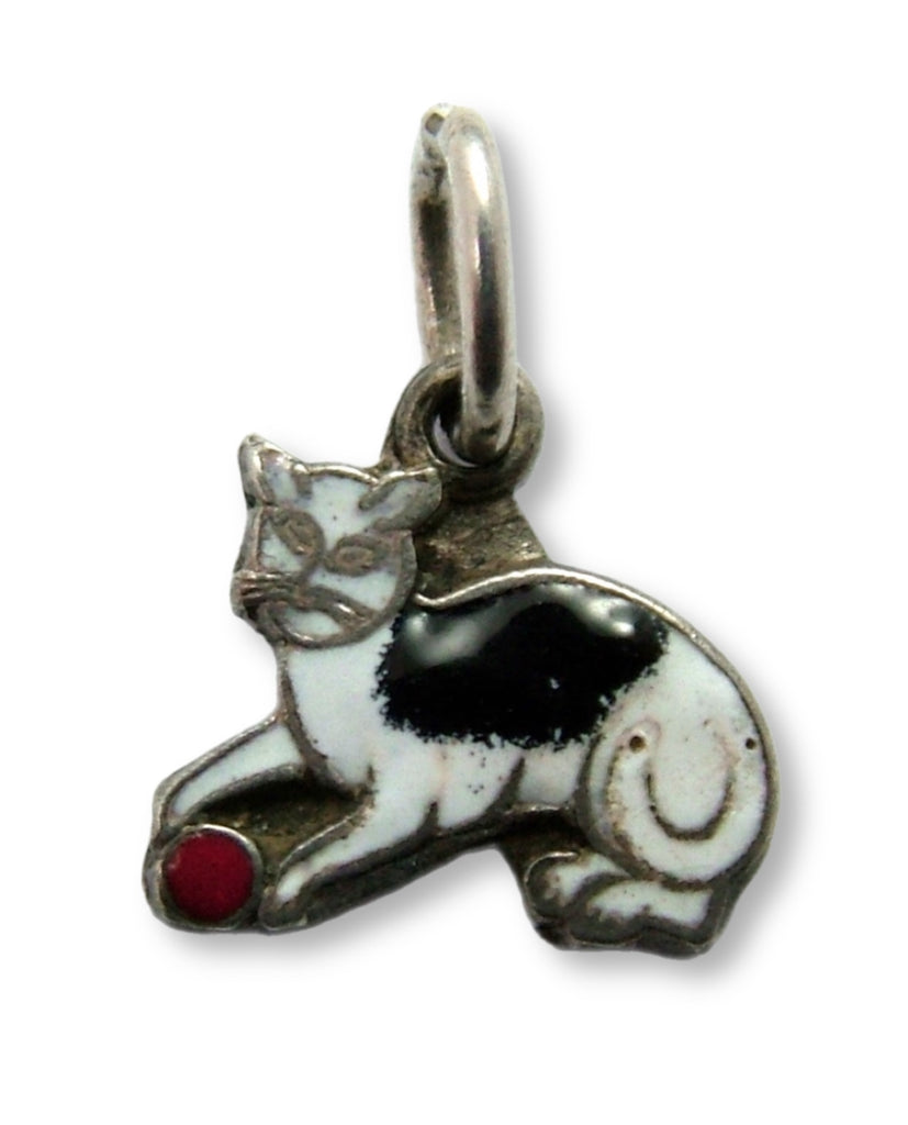 Small Vintage 1950's Silver & Enamel Cat with Ball Charm Enamel Charm - Sandy's Vintage Charms
