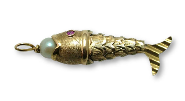Vintage 1960’s 18ct 18k Gold & Pearl Articulated Fish Charm with Ruby Eyes Gold Charm - Sandy's Vintage Charms