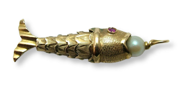 Vintage 1960’s 18ct 18k Gold & Pearl Articulated Fish Charm with Ruby Eyes Gold Charm - Sandy's Vintage Charms