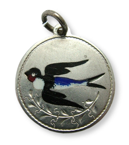 Antique Edwardian c1902 Silver & Enamel Swallow Charm Engraved “AJC 19.2.1902” Antique Charm - Sandy's Vintage Charms
