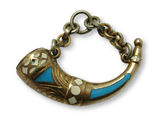 Large Antique Victorian Brass & Enamel Hunting Horn Fob Charm with Working Compass Antique Charm - Sandy's Vintage Charms