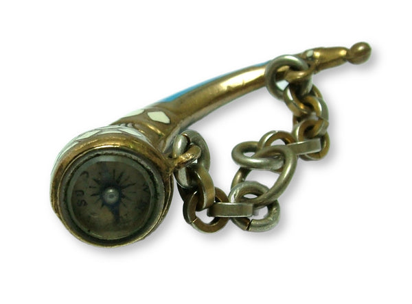 Large Antique Victorian Brass & Enamel Hunting Horn Fob Charm with Working Compass Antique Charm - Sandy's Vintage Charms