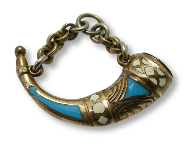 Large Antique Victorian Brass & Enamel Hunting Horn Fob Charm with Working Compass Antique Charm - Sandy's Vintage Charms
