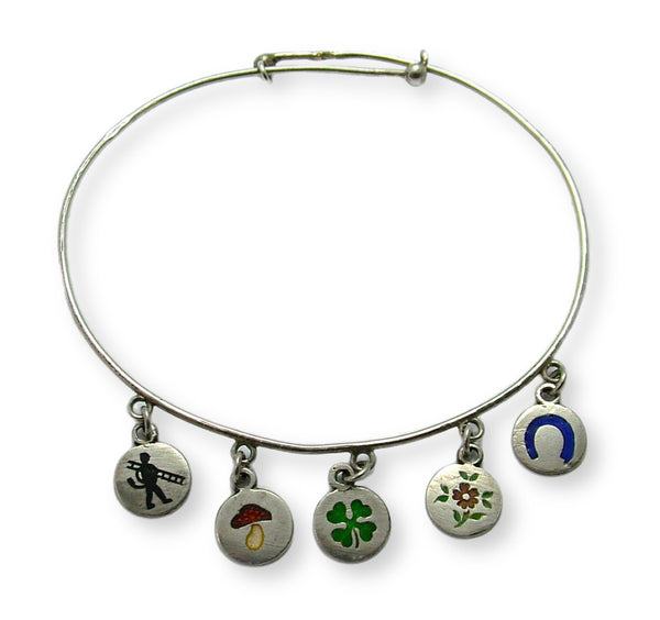 Vintage 1920's Silver & Enamel Child’s Lucky Charm Bracelet with Five Charms Attached Bracelet - Sandy's Vintage Charms