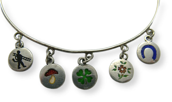 Vintage 1920's Silver & Enamel Child’s Lucky Charm Bracelet with Five Charms Attached Bracelet - Sandy's Vintage Charms