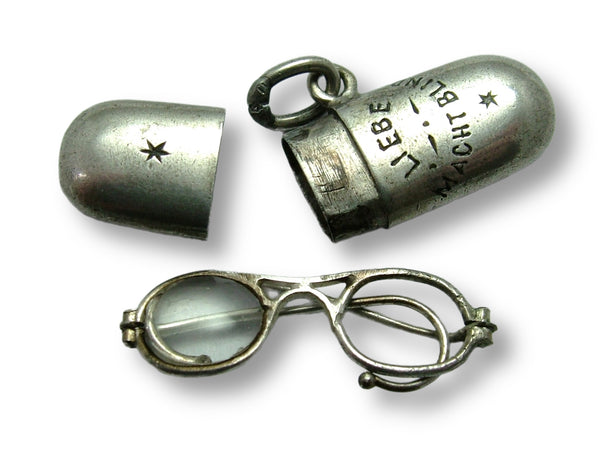 Antique Victorian c1900 Silver “Love is Blind” Glasses Case Charm Removable Glasses Inside Antique Charm - Sandy's Vintage Charms