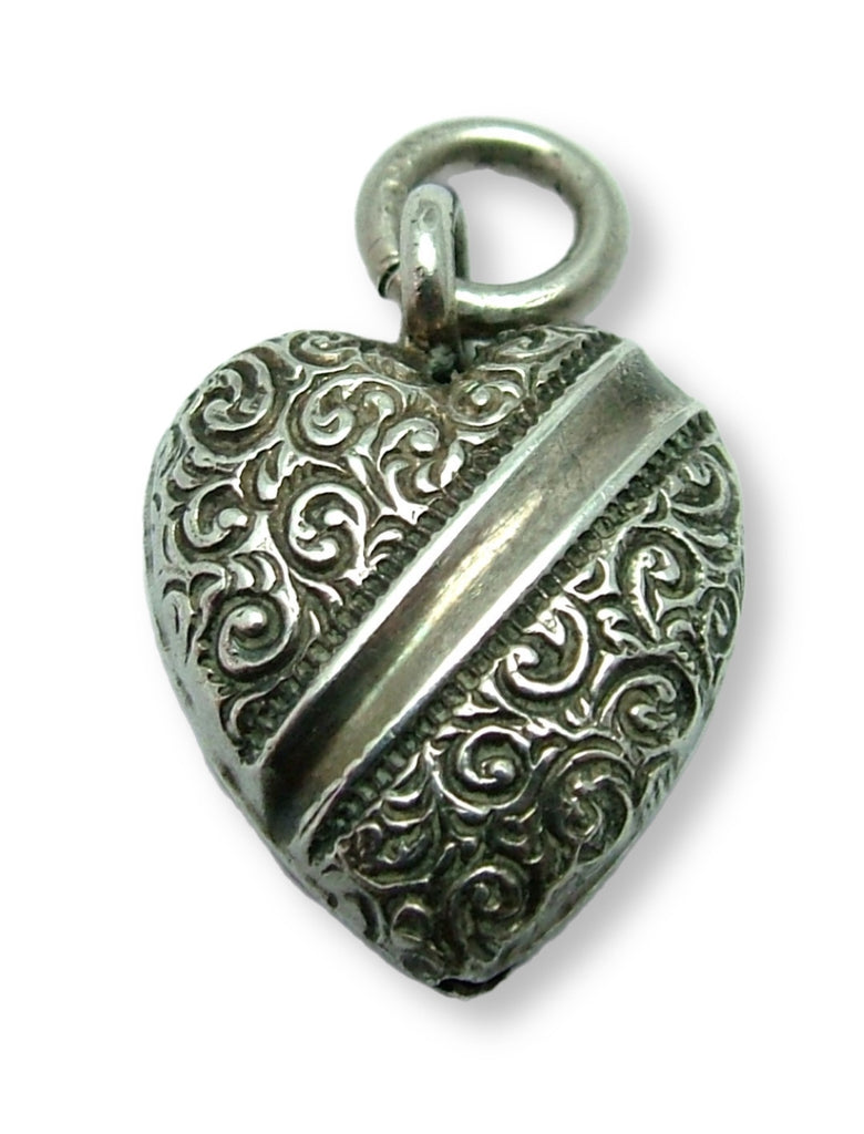 Antique Victorian c1890 Silver Puffy Heart Charm with Repousse Swirl Decoration Antique Charm - Sandy's Vintage Charms