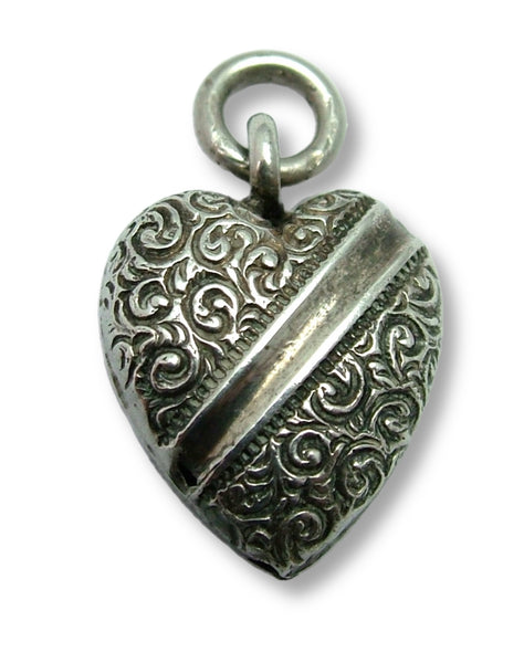 Antique Victorian c1890 Silver Puffy Heart Charm with Repousse Swirl Decoration Antique Charm - Sandy's Vintage Charms