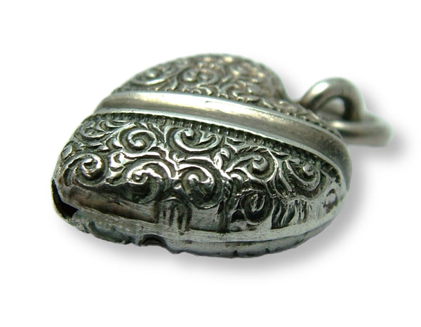 Antique Victorian c1890 Silver Puffy Heart Charm with Repousse Swirl Decoration Antique Charm - Sandy's Vintage Charms