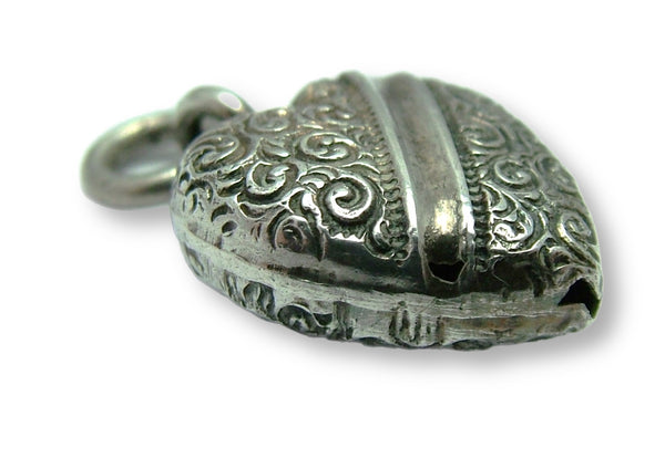 Antique Victorian c1890 Silver Puffy Heart Charm with Repousse Swirl Decoration Antique Charm - Sandy's Vintage Charms