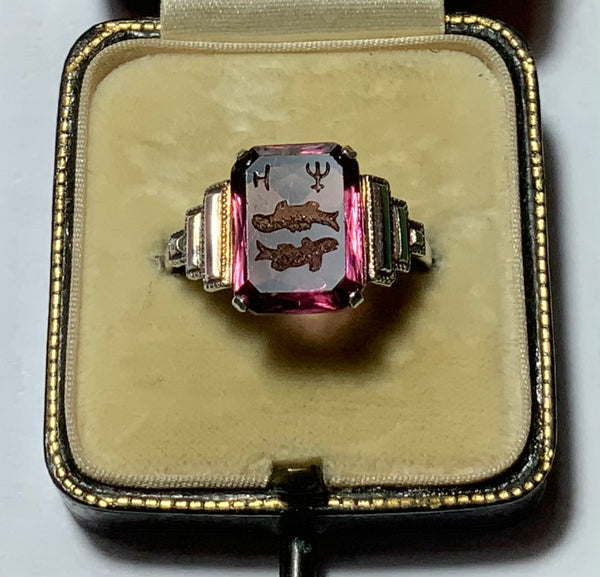 Vintage 1930’s Silver & Purple Glass Intaglio TLM Zodiac Pisces Ring Other Jewellery - Sandy's Vintage Charms