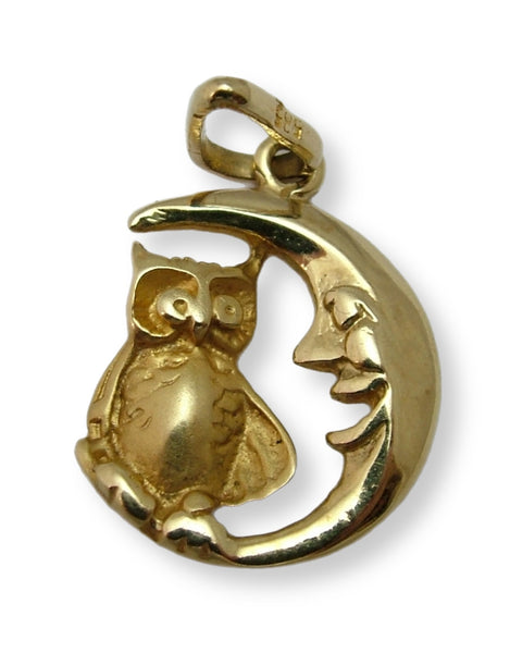 Vintage 1990's Solid 14ct 14k Gold Owl & The Man in the Moon Charm Gold Charm - Sandy's Vintage Charms