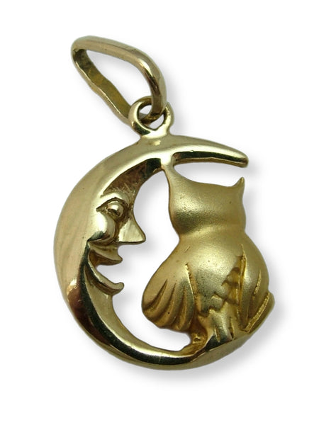 Vintage 1990's Solid 14ct 14k Gold Owl & The Man in the Moon Charm Gold Charm - Sandy's Vintage Charms