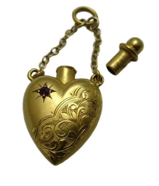 Large Antique Victorian c1895 15ct Gold & Ruby Heart Perfume Bottle Charm