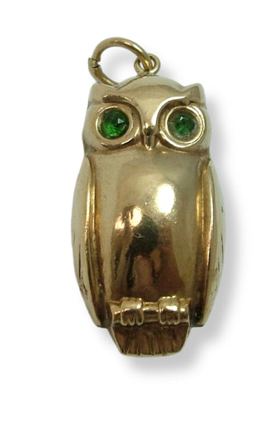 Large Vintage 1970's Hollow 9ct Gold Owl Charm with Green Eyes HM 1977 Gold Charm - Sandy's Vintage Charms