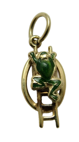 Vintage 1950's 14k 14ct Gold & Green Enamel Moving Frog on a Ladder Charm