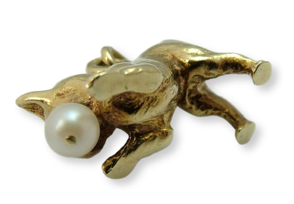Heavy Vintage 1950's Solid 14ct 14k Gold Cat with Pearl Ball Charm Gold Charm - Sandy's Vintage Charms