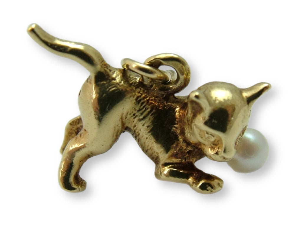 Heavy Vintage 1950's Solid 14ct 14k Gold Cat with Pearl Ball Charm Gold Charm - Sandy's Vintage Charms