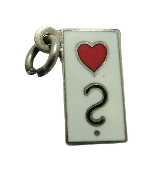 Small Vintage 1950's Silver & Cream Enamel Red Heart & Question Mark Charm