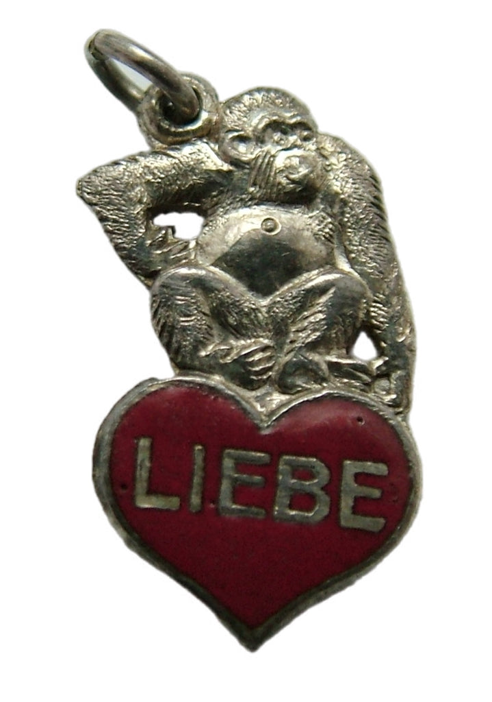 Vintage 1950's Silver & Red Enamel “LIEBE” Heart Charm with Gorilla