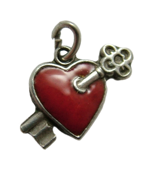 Small Vintage 1950's Silver & Red Enamel Heart with Key Charm