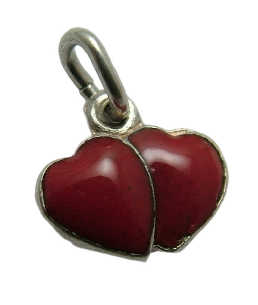 Tiny Vintage 1950's Silver & Red Enamel Double Heart Charm