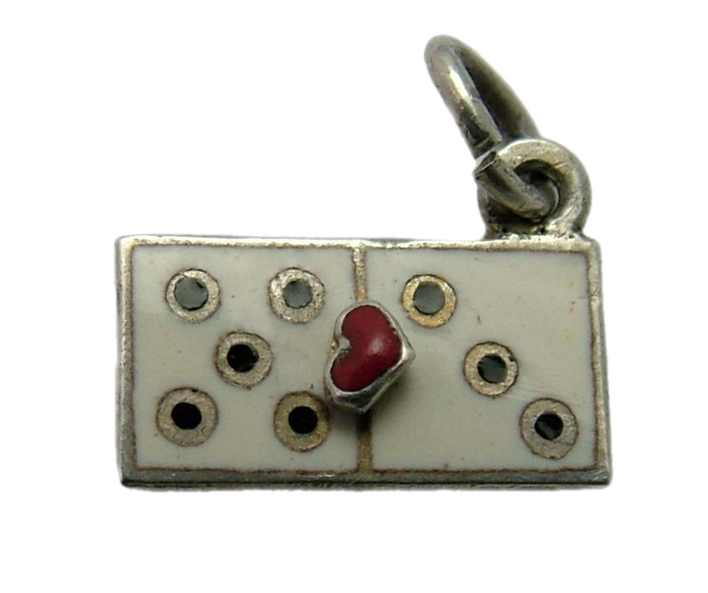 Small Vintage 1950's Silver & Enamel Domino Charm with Raised Red Heart Enamel Charm - Sandy's Vintage Charms