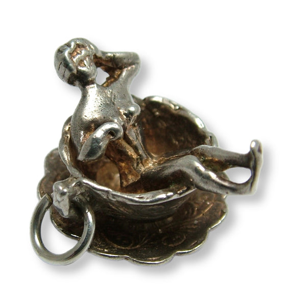 Vintage 1970's Silver Charm Naked Lady in a Cup & Saucer “You're My Cup of Tea” Silver Charm - Sandy's Vintage Charms