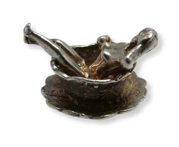 Vintage 1970's Silver Charm Naked Lady in a Cup & Saucer “You're My Cup of Tea” Silver Charm - Sandy's Vintage Charms
