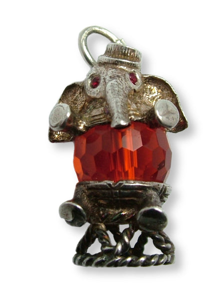Large Vintage 1970's Silver & Orange Crystal Circus Elephant Charm Silver Charm - Sandy's Vintage Charms