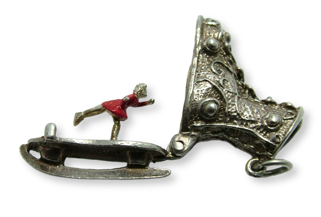Large Vintage 1960's Silver Opening Ice Skate Charm Red Painted Skater Inside Silver Charm - Sandy's Vintage Charms