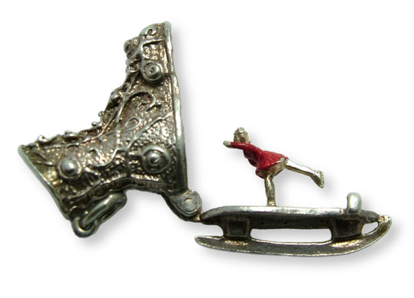 Large Vintage 1960's Silver Opening Ice Skate Charm Red Painted Skater Inside Silver Charm - Sandy's Vintage Charms