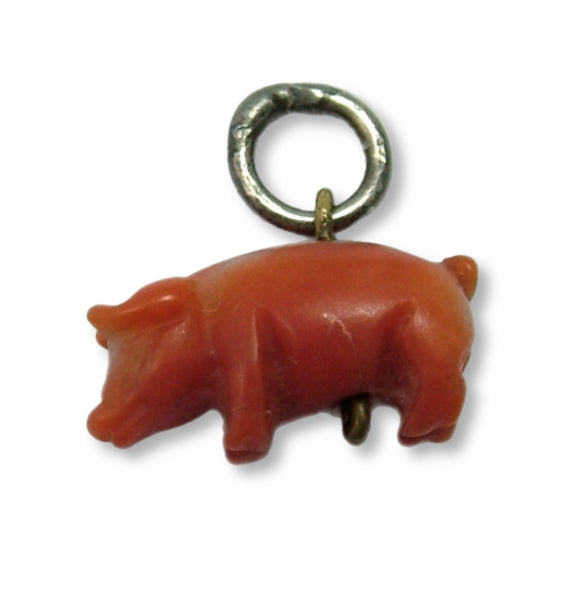 Tiny Antique Edwardian c1910 Brass & Carved Coral Pig Charm Antique Charm - Sandy's Vintage Charms