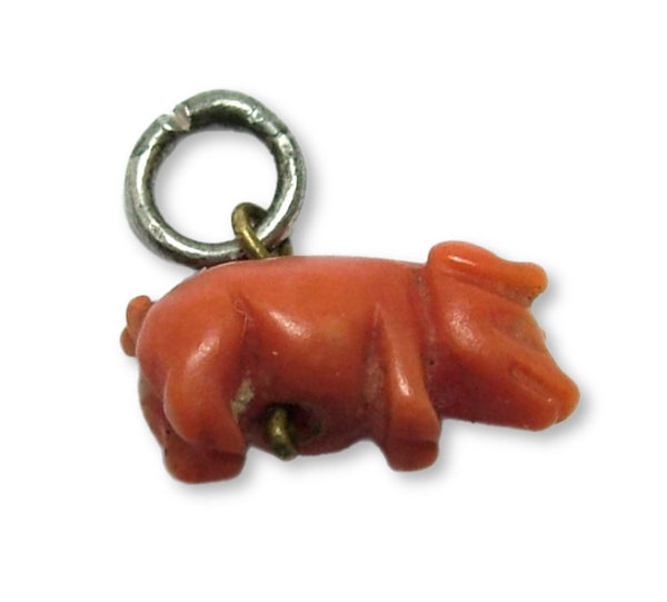 Tiny Antique Edwardian c1910 Brass & Carved Coral Pig Charm Antique Charm - Sandy's Vintage Charms