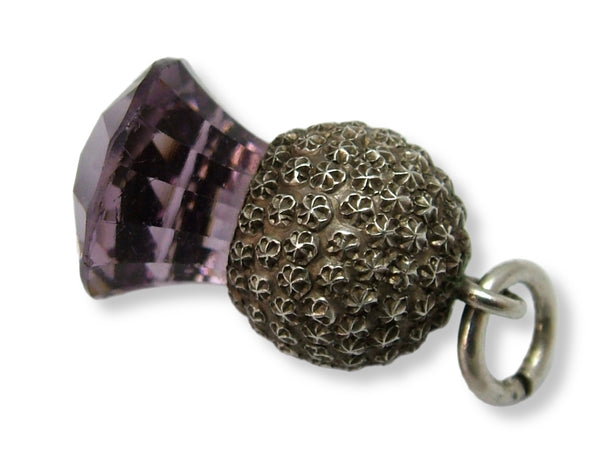 Antique Edwardian c1905 Silver & Amethyst Glass Thistle Charm with Repousse Decoration Antique Charm - Sandy's Vintage Charms