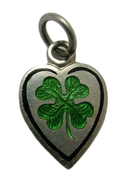 Small Vintage 1950's Silver & Green Enamel Lucky Four Leaf Clover Heart Charm 1920s-1950s Charm - Sandy's Vintage Charms