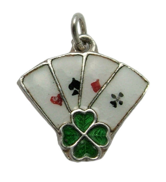 Vintage 1950's Silver & Enamel Playing Cards Charm Four Aces & Four Leaf Clover Enamel Charm - Sandy's Vintage Charms