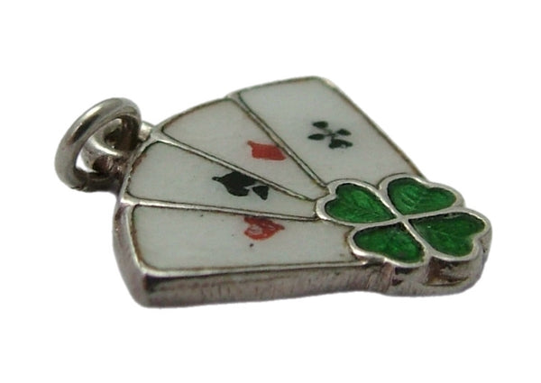 Vintage 1950's Silver & Enamel Playing Cards Charm Four Aces & Four Leaf Clover Enamel Charm - Sandy's Vintage Charms