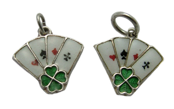 Vintage 1950's Silver & Enamel Playing Cards Charm Four Aces & Four Leaf Clover Enamel Charm - Sandy's Vintage Charms